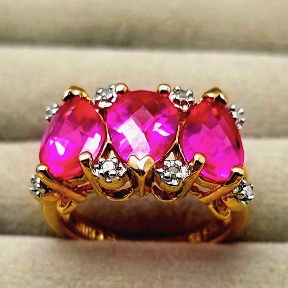 ROSS-SIMMONS 💍 Genuine Pink Topaz/Diamond 💎 Gold Band Cocktail Ring (Size 5)